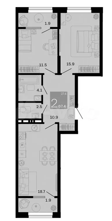 2-к. квартира, 67,4 м, 3/9 эт. - Фото 1