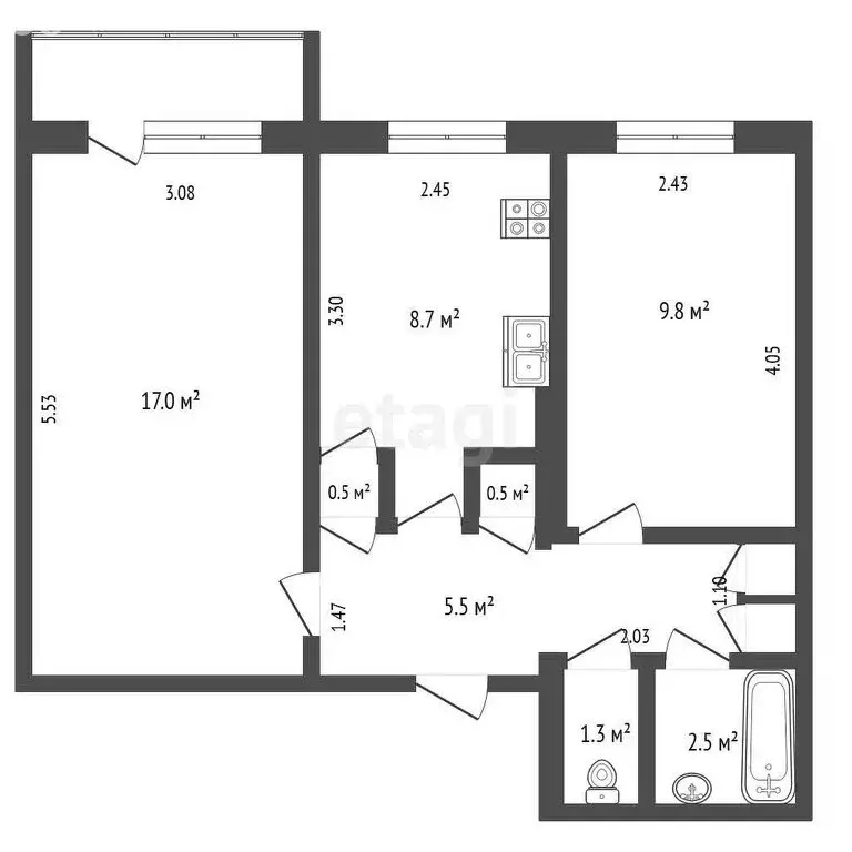 2-комнатная квартира: Якутск, улица Богдана Чижика, 2 (46.2 м) - Фото 0