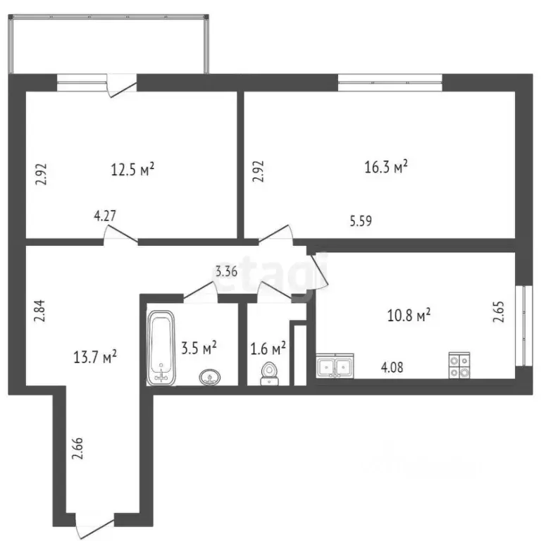 2-к кв. Тюменская область, Тюмень ул. 2-я Луговая, 24к3 (60.0 м) - Фото 2