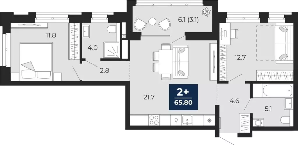 2-комнатная квартира: Тюмень, улица Тимофея Чаркова, 77 (68.8 м) - Фото 1