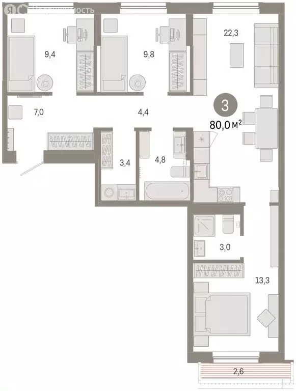 3-комнатная квартира: Тюмень, Краснооктябрьская улица, 4к2 (79.7 м) - Фото 2