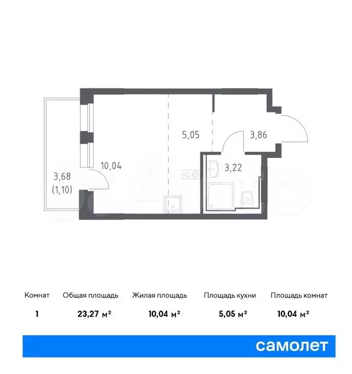 1-к. квартира, 23,3м, 9/16эт. - Фото 0