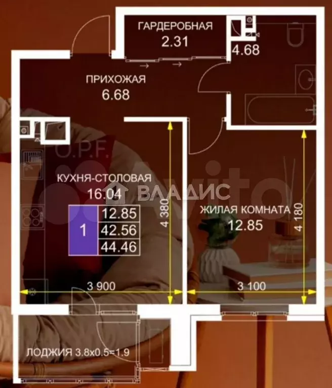 1-к. квартира, 44,5 м, 3/12 эт. - Фото 0