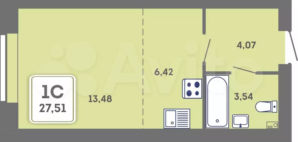 квартира-студия, 27,5 м, 2/7 эт. - Фото 0