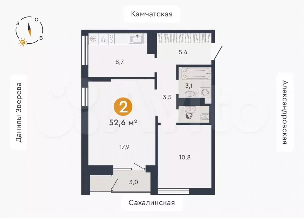 2-к. квартира, 52,6 м, 8/18 эт. - Фото 0