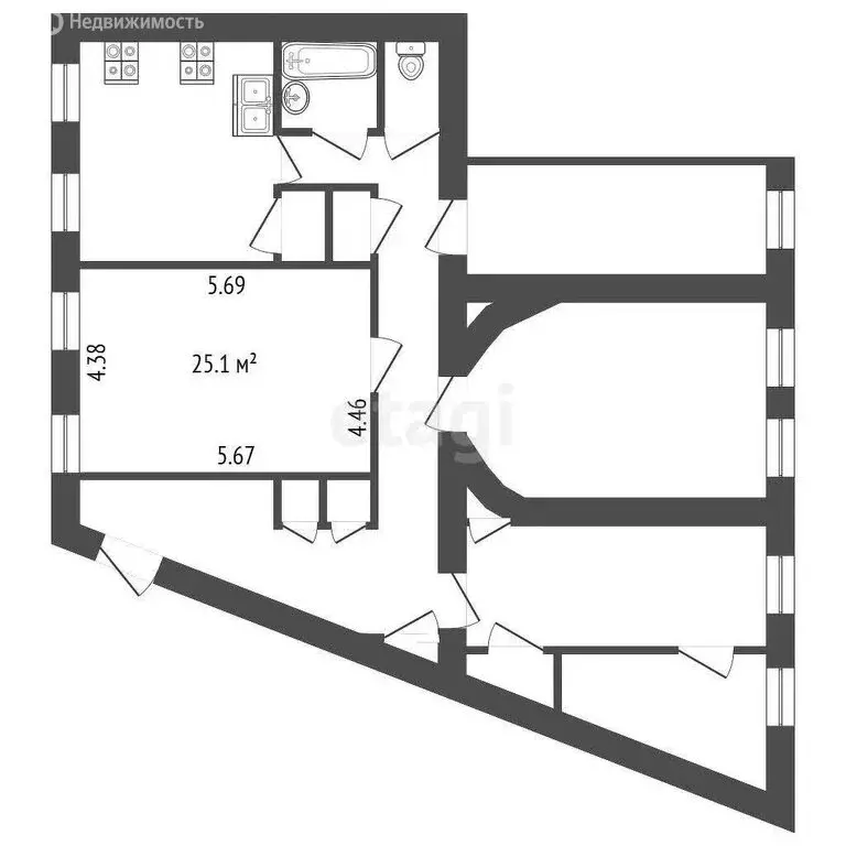 1к в 4-комнатной квартире (25.1 м) - Фото 0