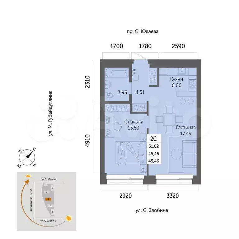 2-к. квартира, 45,5 м, 8/32 эт. - Фото 0