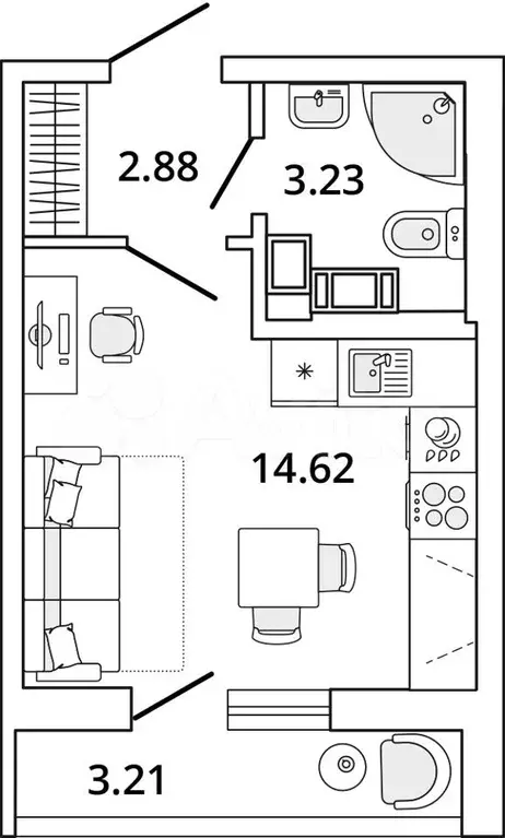 Квартира-студия, 22,3 м, 12/19 эт. - Фото 0