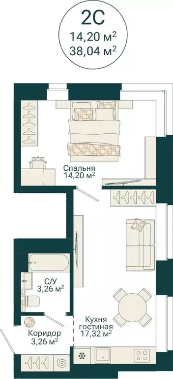 2-к кв. Башкортостан, Уфа Сердце Уфы жилой комплекс (38.04 м) - Фото 2