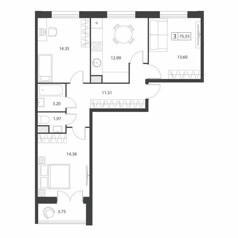 3-комнатная квартира: Тверь, микрорайон Южный (75.55 м) - Фото 1
