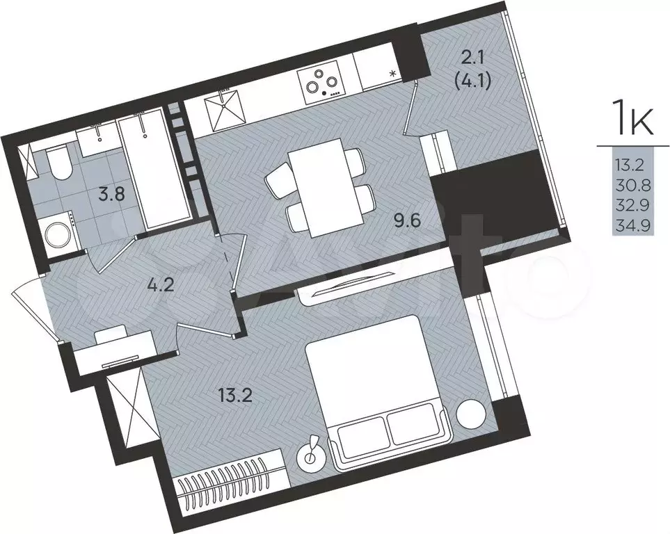 1-к. квартира, 32,1 м, 8/8 эт. - Фото 0
