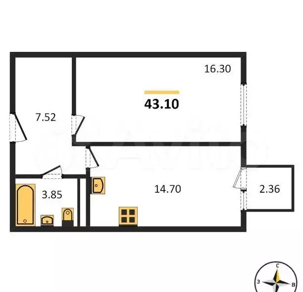 1-к. квартира, 43 м, 4/6 эт. - Фото 0