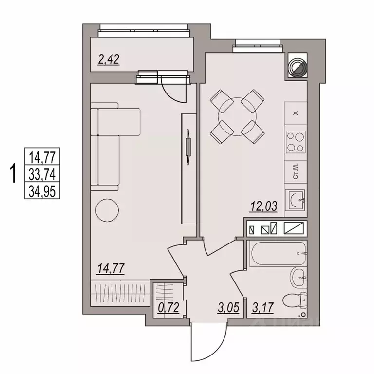1-к кв. Волгоградская область, Волгоград ул. Дымченко, 9 (34.95 м) - Фото 1