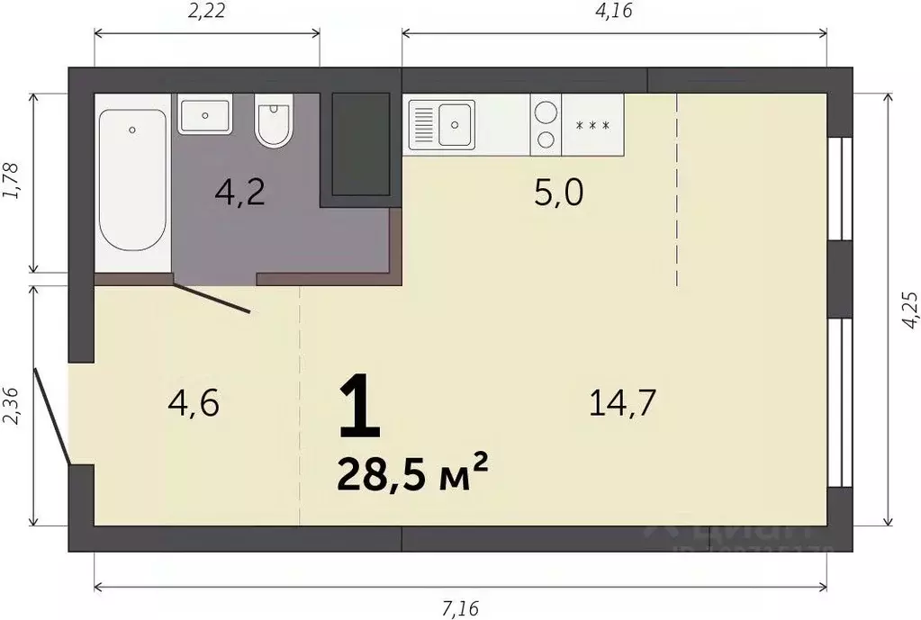 Студия Свердловская область, Екатеринбург Южный жилрайон,  (28.5 м) - Фото 1