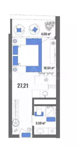Апартаменты-студия, 27,2 м, 14/22 эт. - Фото 1