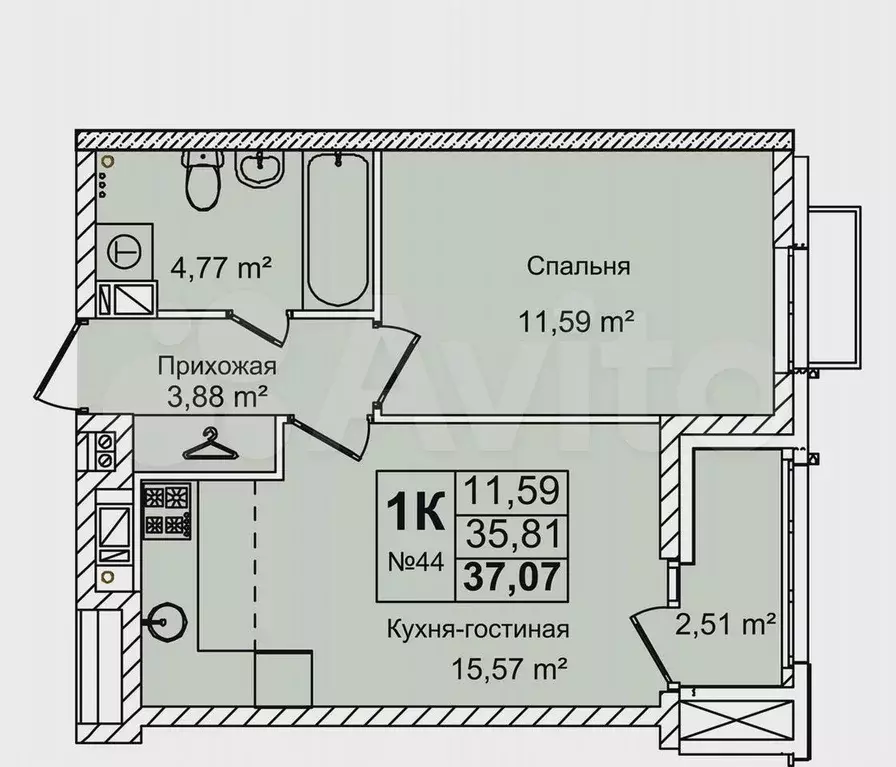 1-к. квартира, 37,1 м, 6/16 эт. - Фото 0