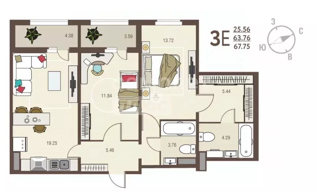 3-к кв. Курская область, Курск ул. Энгельса, 115/4 (67.75 м) - Фото 2