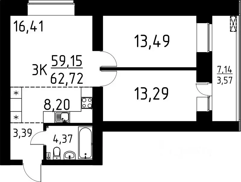 3-к кв. Томская область, Томск ул. Вершинина, 58к2 (62.72 м) - Фото 0