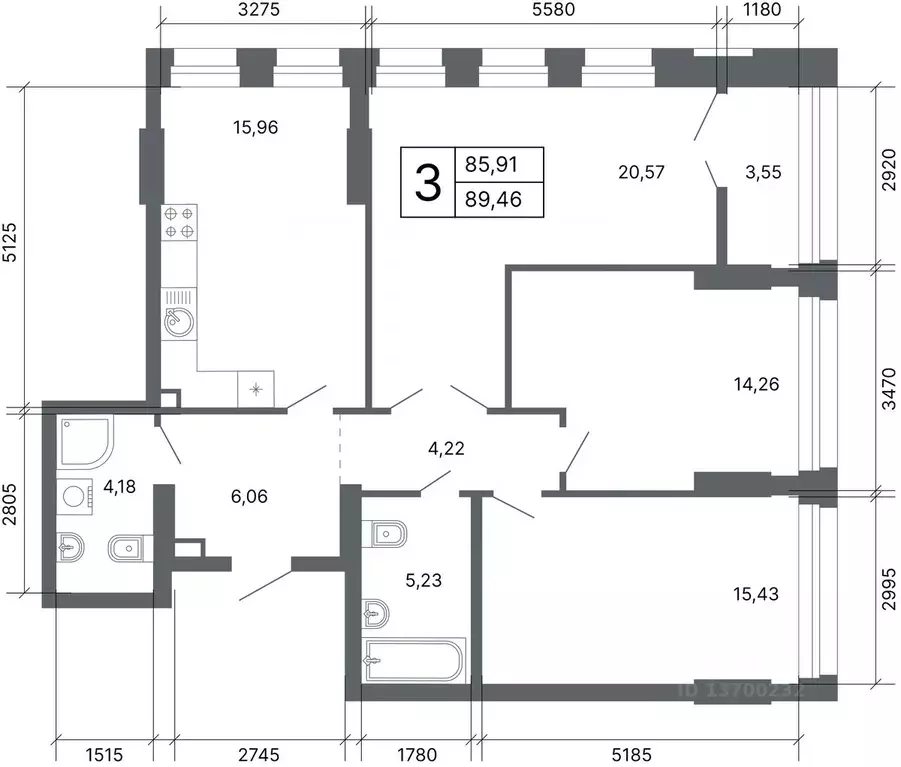 3-к кв. Свердловская область, Екатеринбург ул. Мира, 47/7 (88.2 м) - Фото 1