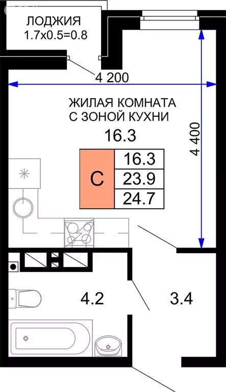 1-комнатная квартира: Краснодар, жилой комплекс Дыхание (24.7 м) - Фото 0