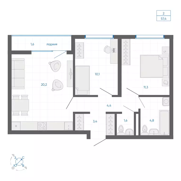 2-к квартира, 57.4 м - Фото 0