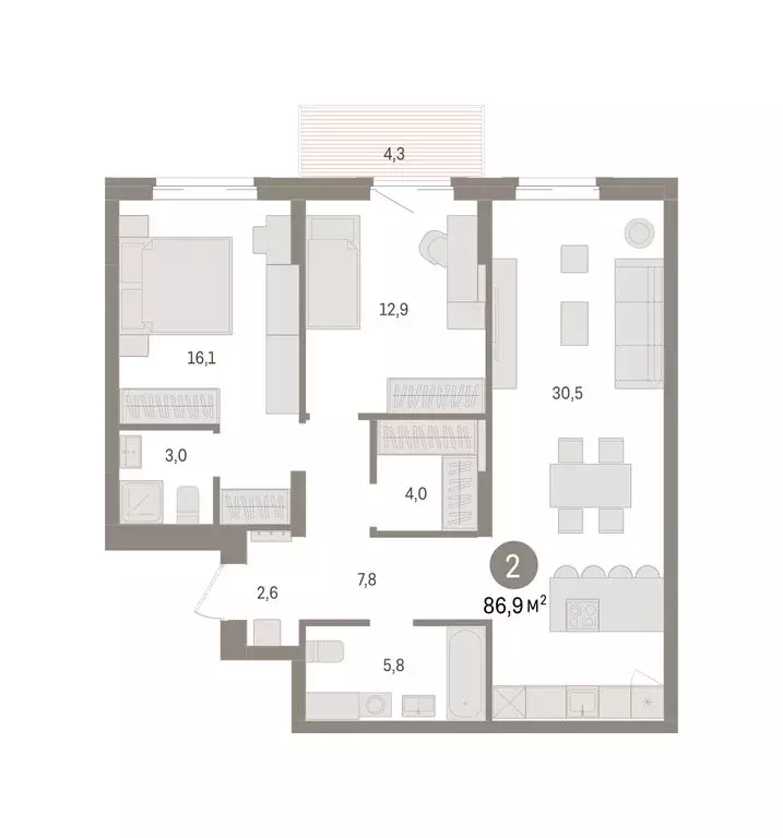 2-комнатная квартира: Омск, ЖК Кварталы Драверта (86.94 м) - Фото 2