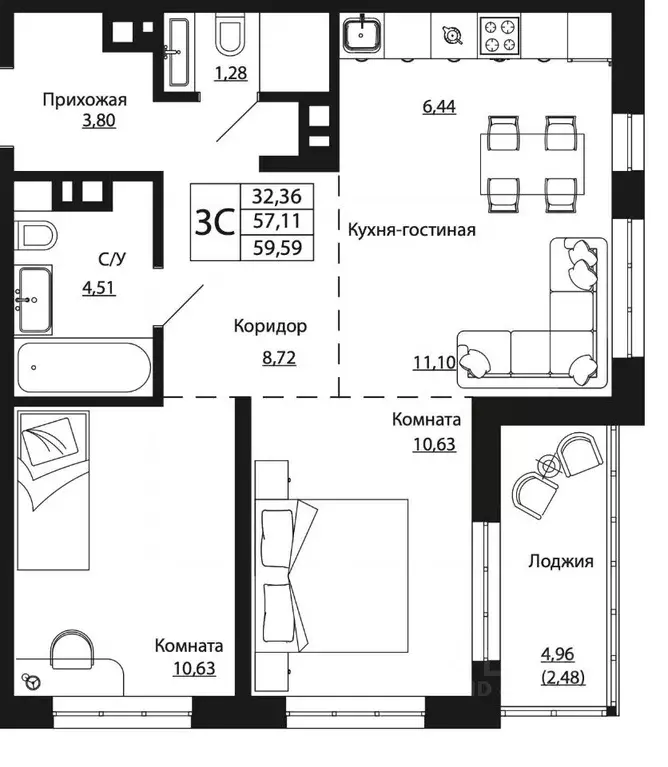 3-к кв. Ростовская область, Ростов-на-Дону ул. Текучева, 370/2 (59.59 ... - Фото 0