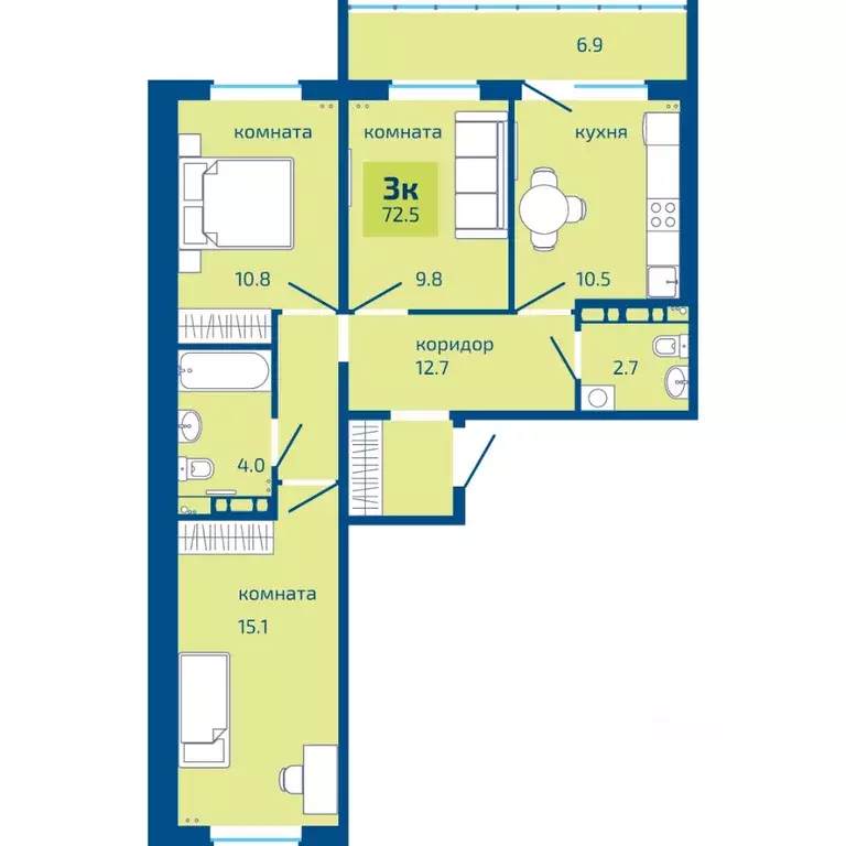 3-к кв. Пермский край, Пермь Вышка II мкр, Патриот жилой комплекс ... - Фото 1