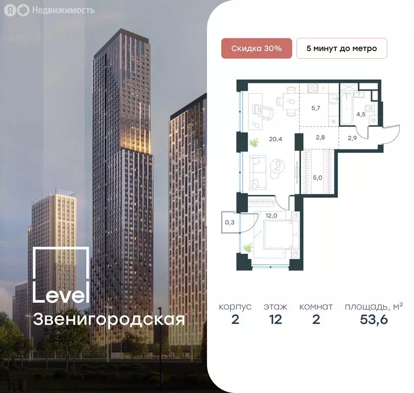 2-комнатная квартира: Москва, жилой комплекс Левел Звенигородская, к2 ... - Фото 0