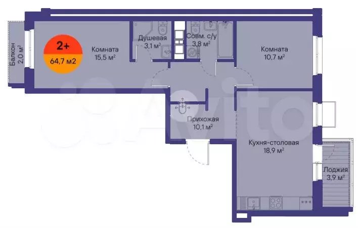 2-к. квартира, 64,7 м, 3/15 эт. - Фото 1