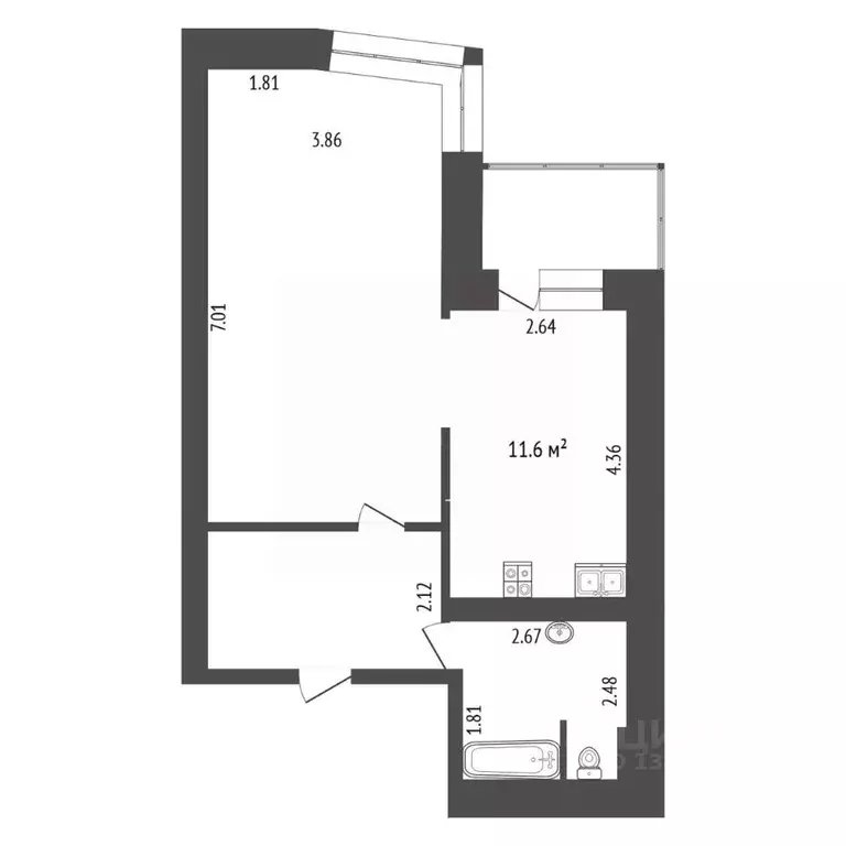 1-к кв. Тюменская область, Тюмень ул. 50 лет Октября, 24к2 (52.6 м) - Фото 2