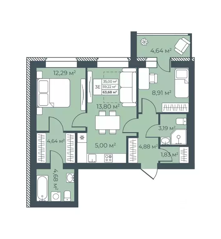 3-к кв. Воронежская область, Бобров  (63.86 м) - Фото 1