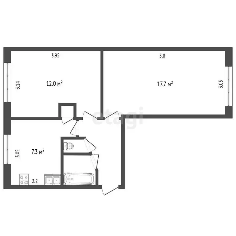 Квартира, 2 комнаты, 44.3 м - Фото 1