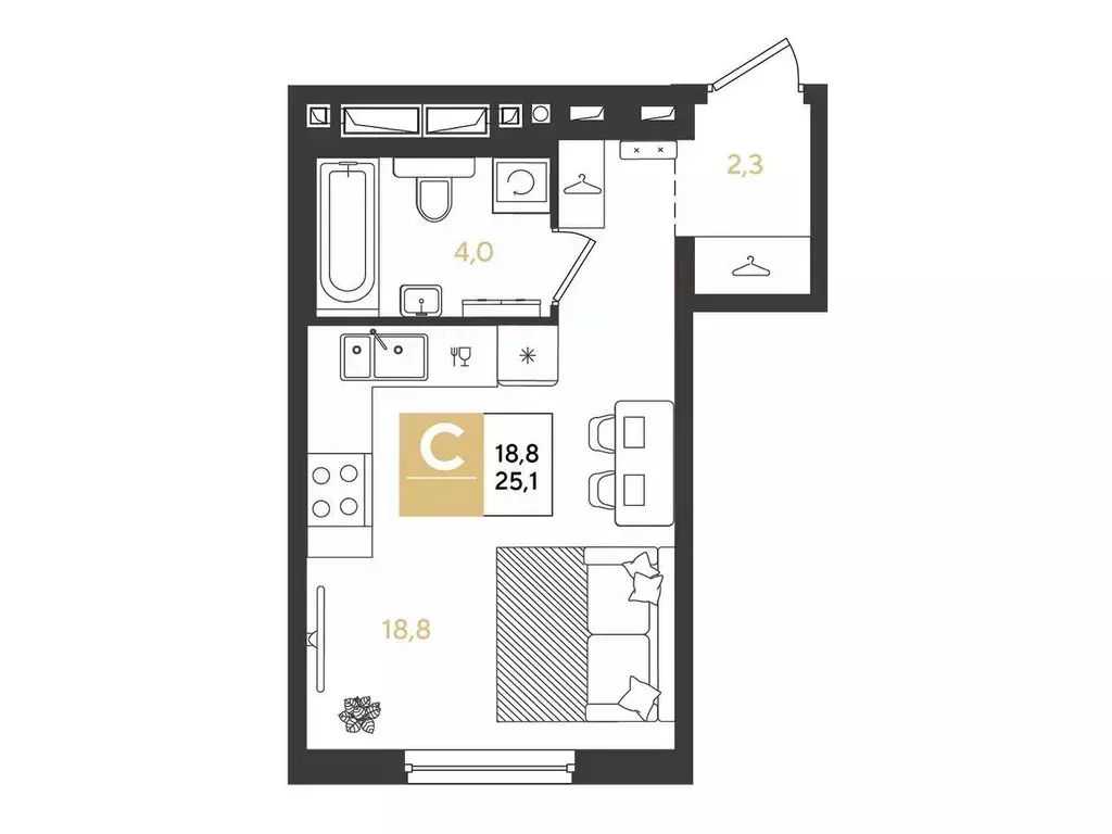 Студия Краснодарский край, Краснодар Самолет кв-л,  (25.1 м) - Фото 1