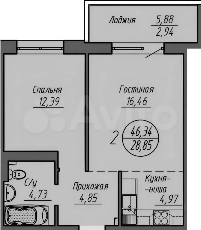 2-к. квартира, 47 м, 5/24 эт. - Фото 0