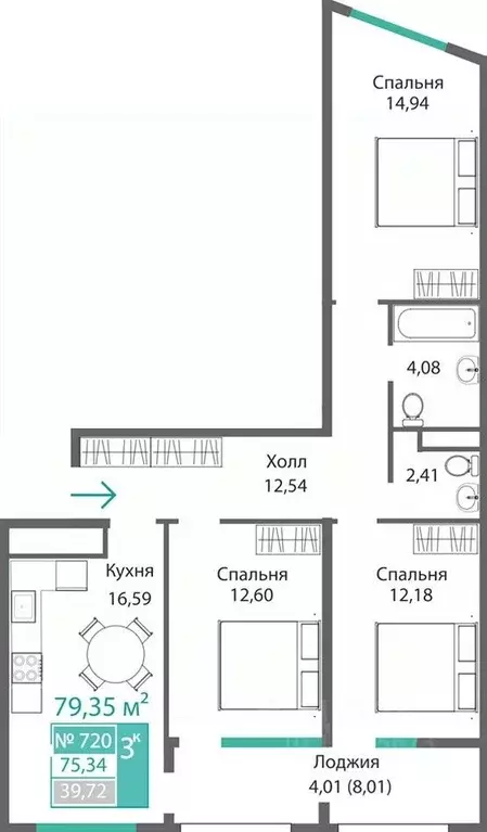3-к кв. Крым, Симферополь Крымская роза мкр,  (79.35 м) - Фото 0