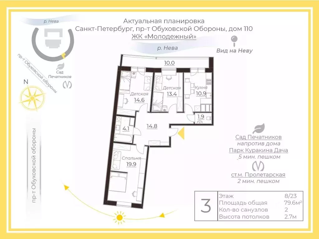 3-к кв. Санкт-Петербург просп. Обуховской обороны, 110К1 (79.6 м) - Фото 2