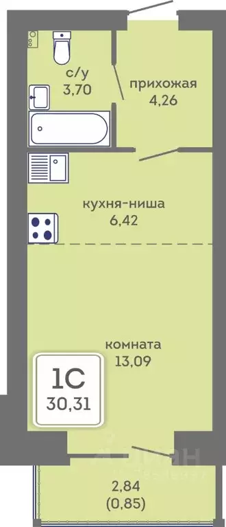 Студия Пермский край, Пермь Кировоградская ул., 28 (30.31 м) - Фото 0