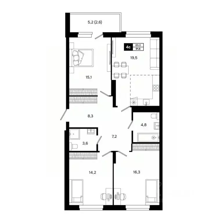 4-к кв. Новосибирская область, Кольцово рп, 5-й мкр  (91.6 м) - Фото 1