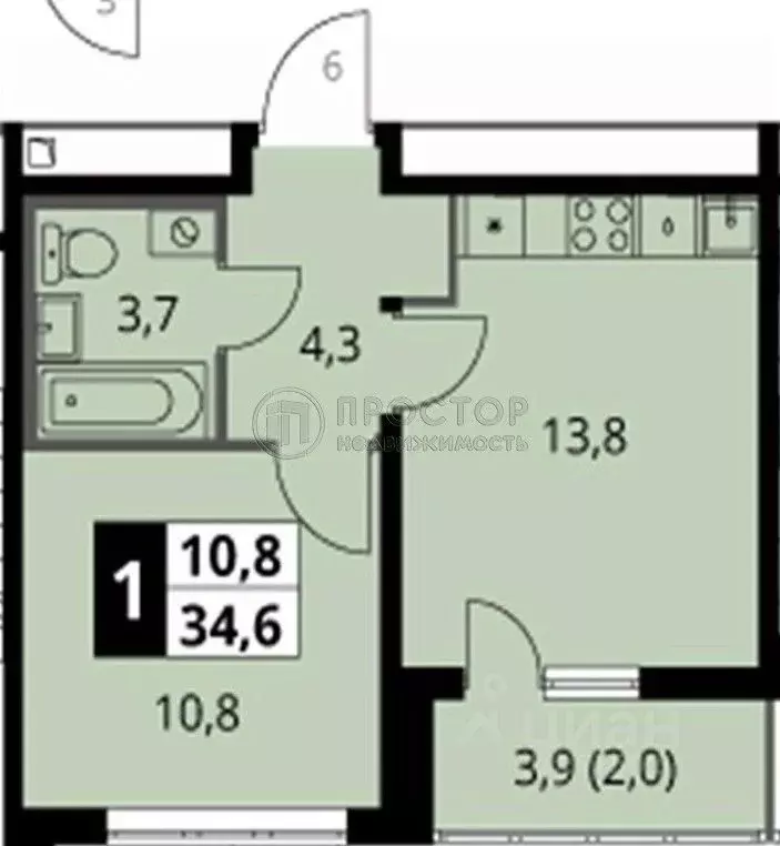 1-к кв. Московская область, Ленинский городской округ, пос. Ленинский ... - Фото 2