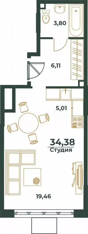 Квартира-студия, 34,4 м, 13/24 эт. - Фото 0