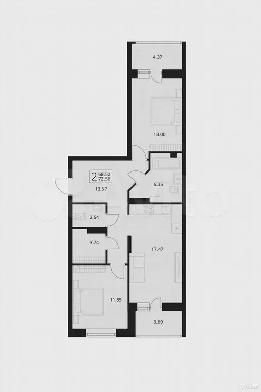 2-к. квартира, 72,6 м, 2/17 эт. - Фото 1