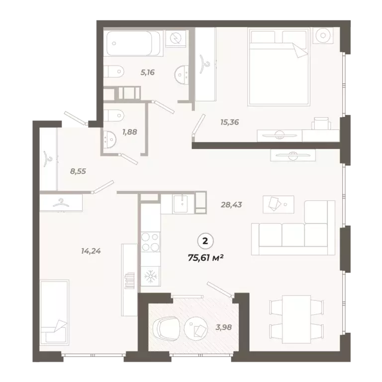 2-к квартира, 75.61 м - Фото 0