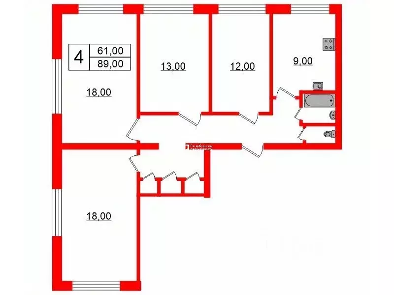 4-к кв. Санкт-Петербург ул. Димитрова, 18К2 (89.0 м) - Фото 1