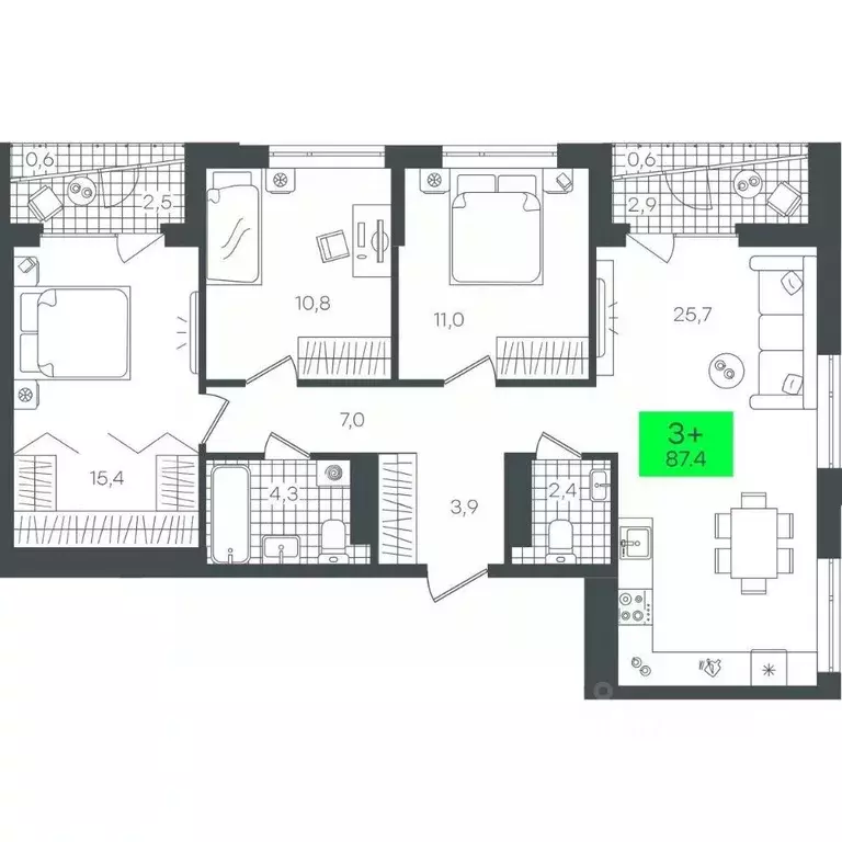 3-к кв. Тюменская область, Тюмень ул. Николая Глебова, 10 (87.48 м) - Фото 0