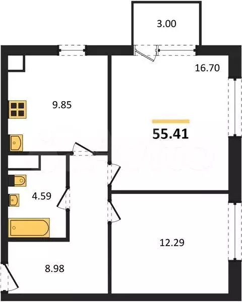 2-к. квартира, 55,4 м, 4/4 эт. - Фото 0