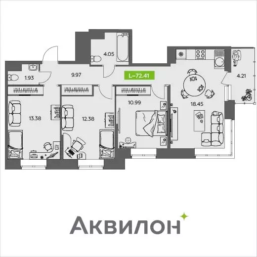 3-комнатная квартира: Северодвинск, ЖК АквилОнлайн (72.41 м) - Фото 0