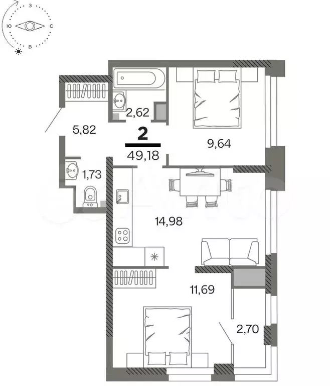 2-к. квартира, 49,2 м, 15/26 эт. - Фото 1