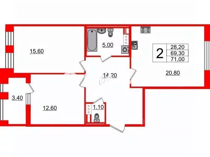 2-к кв. Санкт-Петербург Манчестерская ул., 3 (69.0 м) - Фото 2