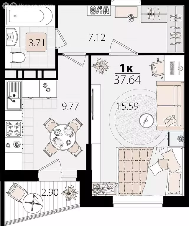 1-комнатная квартира: Яблоновский, Луговая улица, 7/6 (36.95 м) - Фото 0